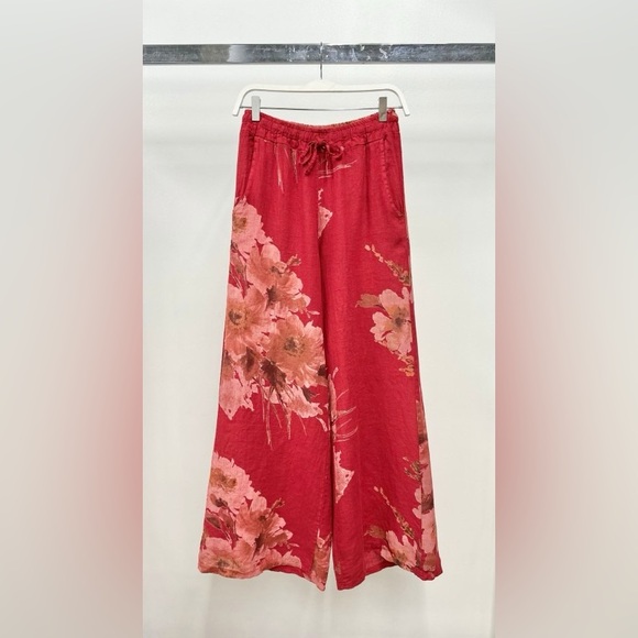 Venti6 Pants - (12-03-MAGNOLIA-RED) MAGNOLIA FLOWERS PRINT LINEN WIDE LEG PANTS